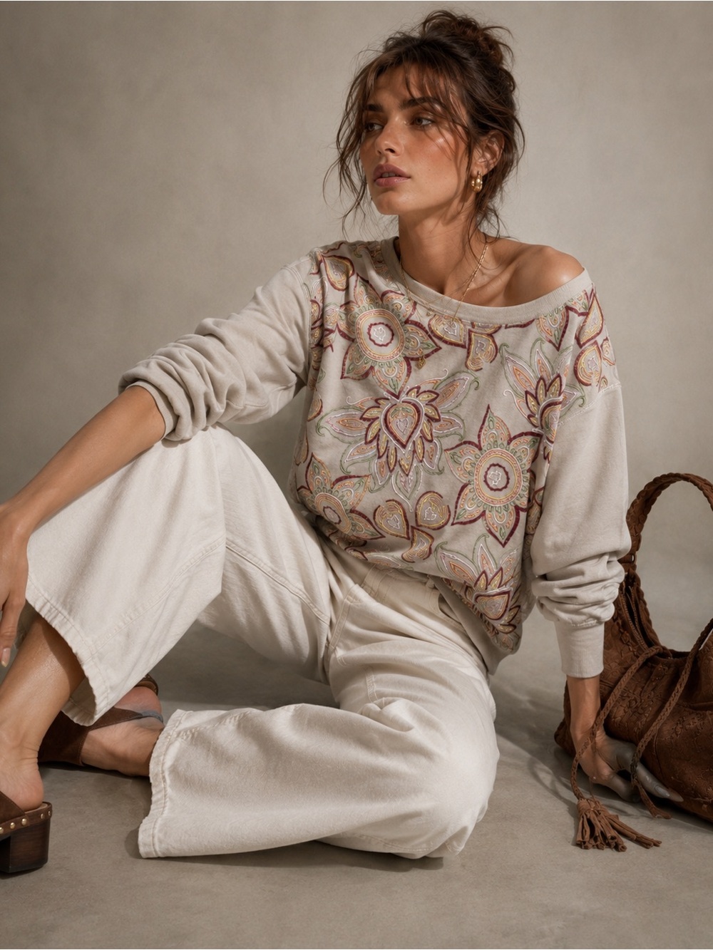 Anthropologie Tiny Helena Floral Embroidered Pullover Sweatshirt Large